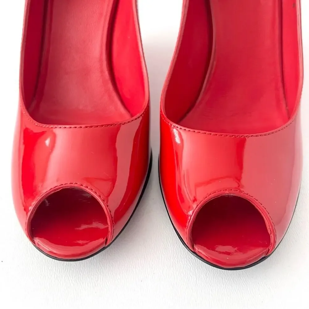 GUCCI | Red Patent Leather GG Logo Peep Toe Wedge Pumps Heels US 6